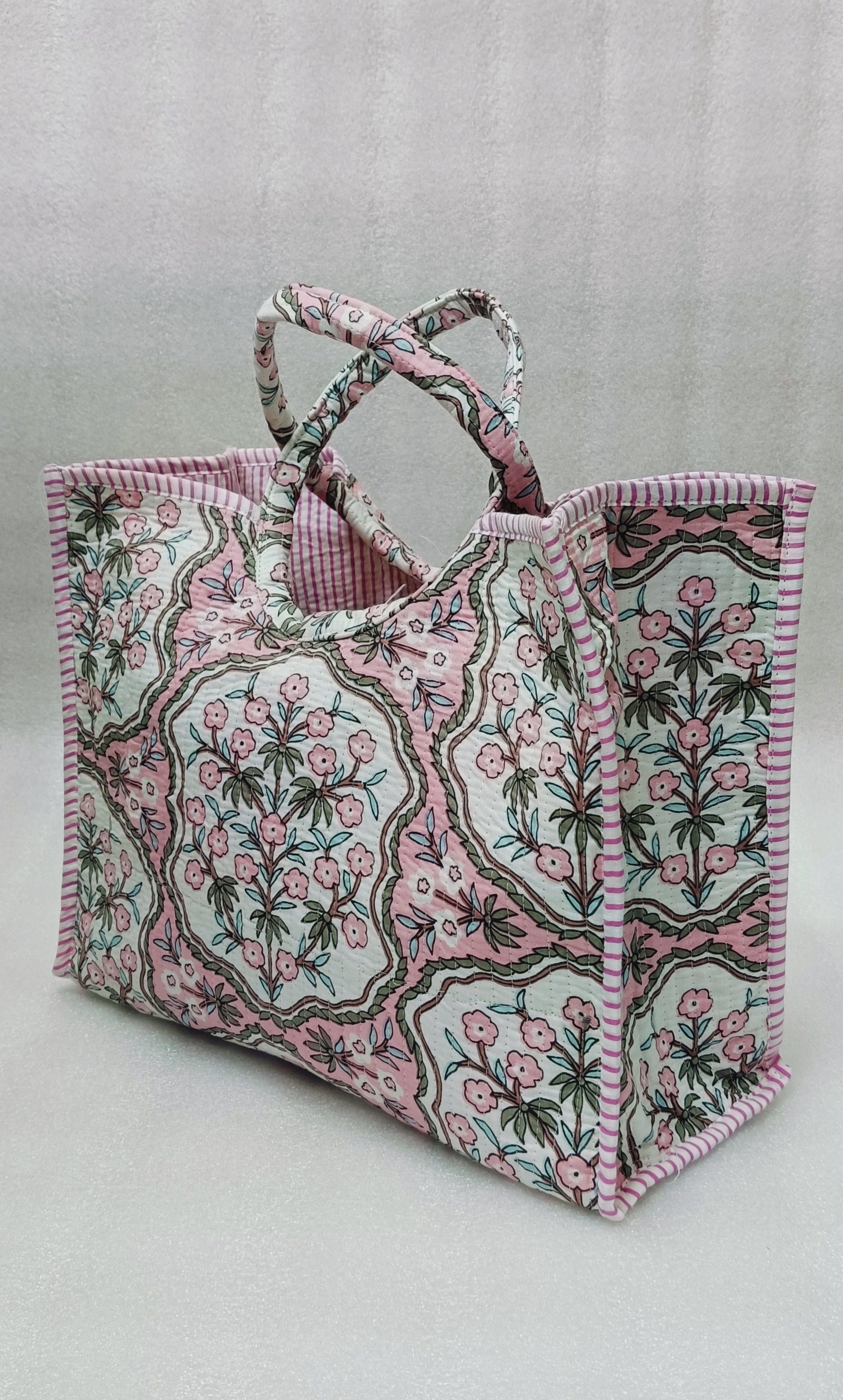 Handblock Printed Cotton Tote Bag with Unique Moon-Shaped Handle- 14x14x6 inches