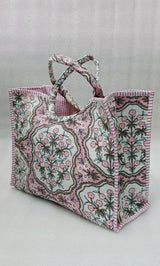 Handblock Printed Cotton Tote Bag with Unique Moon-Shaped Handle- 14x14x6 inches