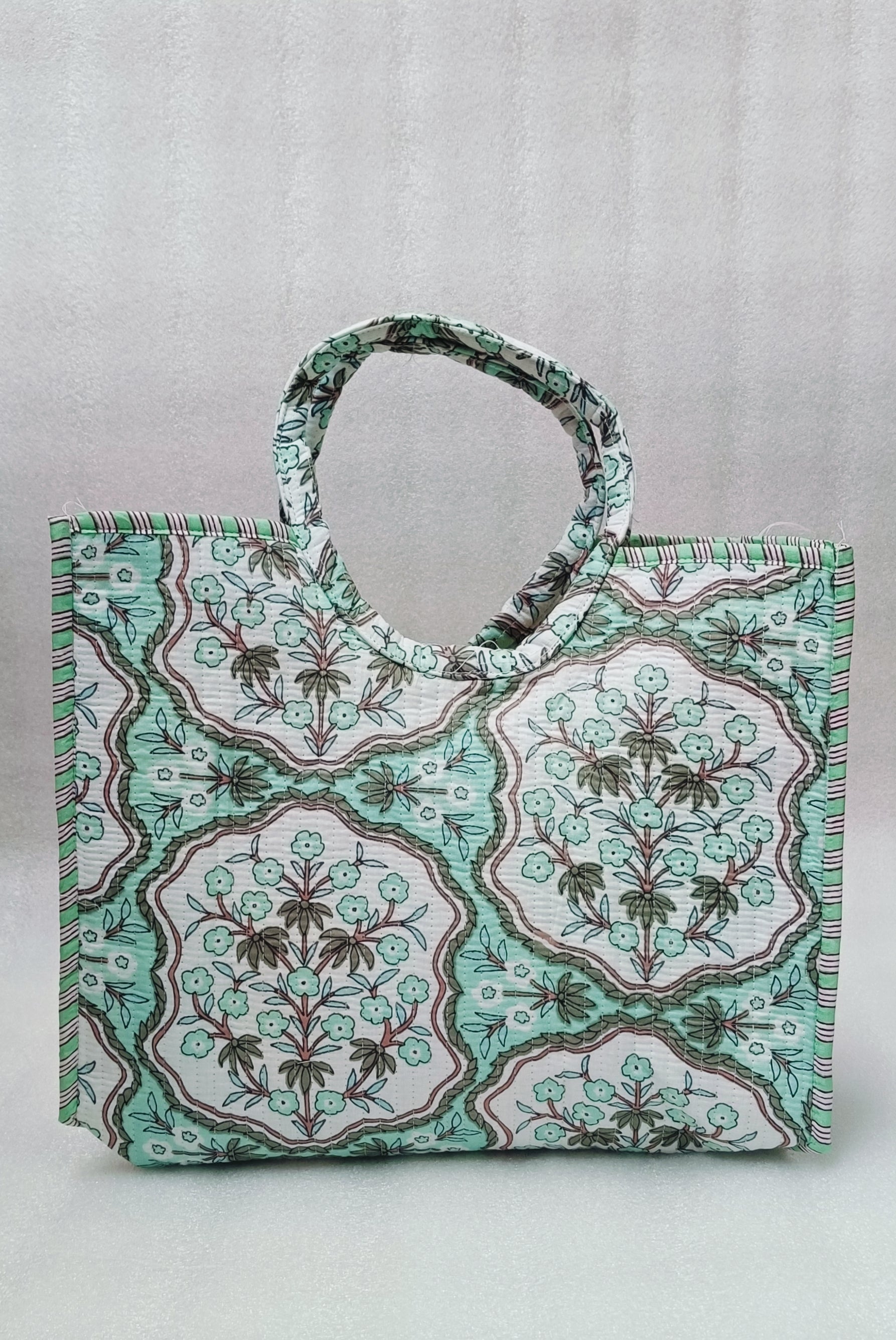 Handblock Printed Cotton Tote Bag with Unique Moon-Shaped Handle- 14x14x6 inches