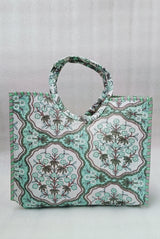 Handblock Printed Cotton Tote Bag with Unique Moon-Shaped Handle- 14x14x6 inches