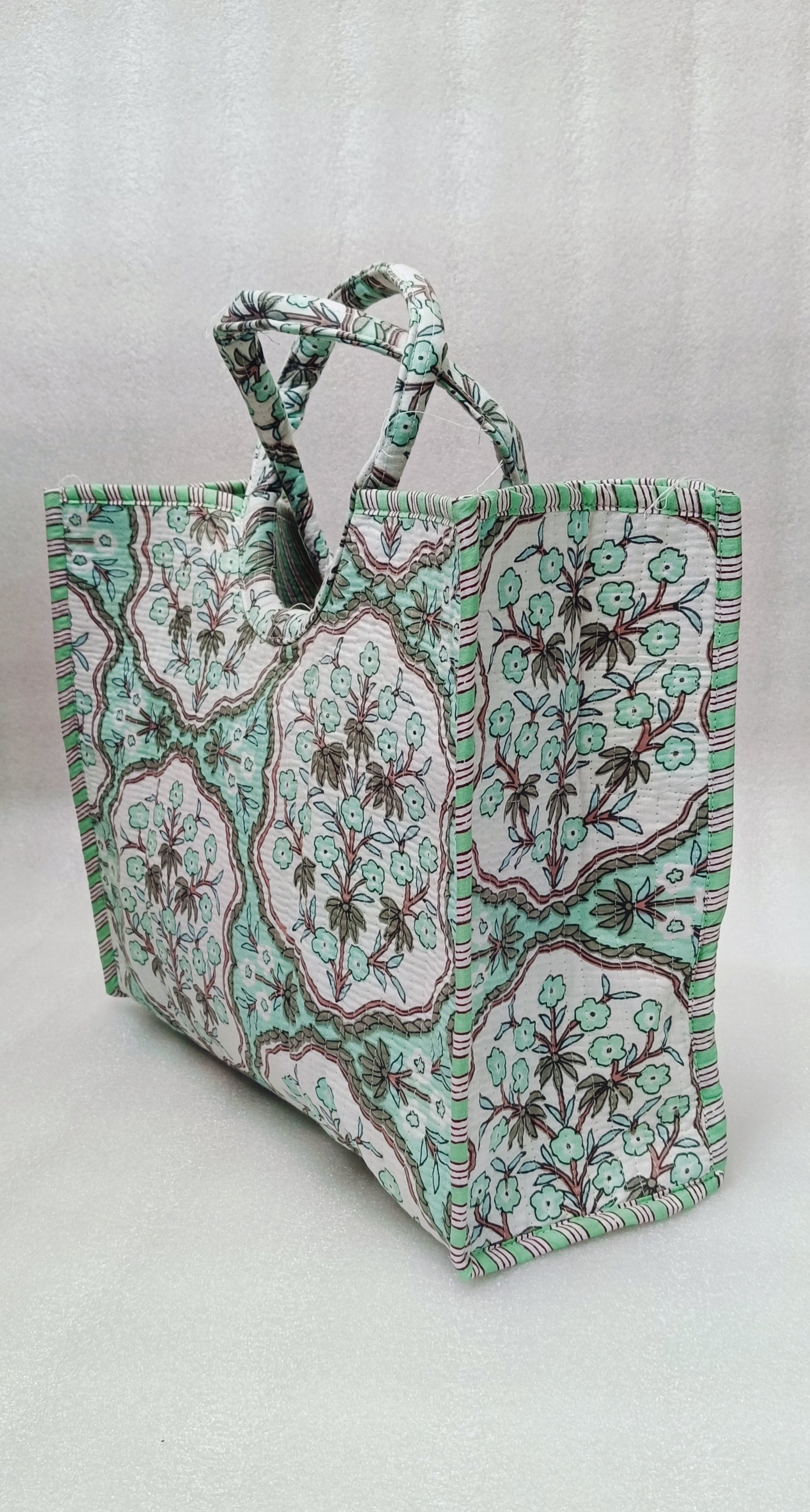 Handblock Printed Cotton Tote Bag with Unique Moon-Shaped Handle- 14x14x6 inches