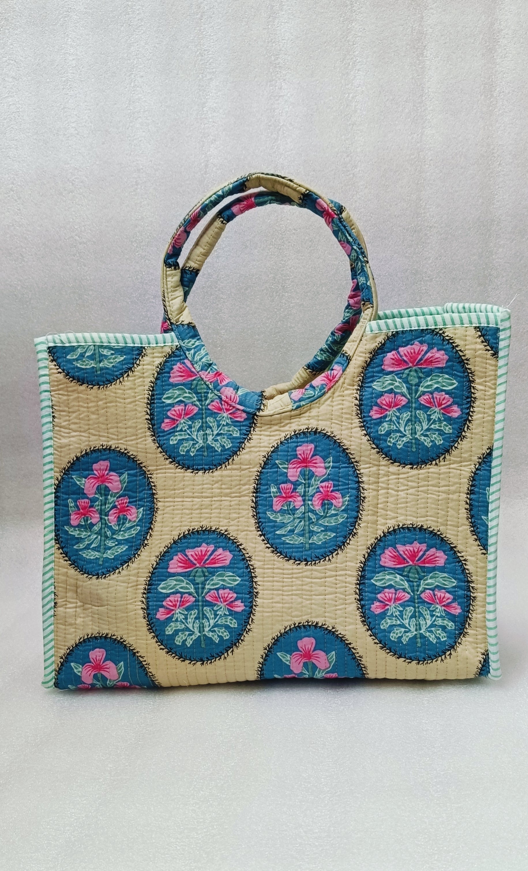 Handblock Printed Cotton Tote Bag with Unique Moon-Shaped Handle- 14x14x6 inches