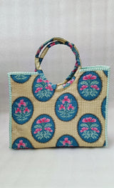 Handblock Printed Cotton Tote Bag with Unique Moon-Shaped Handle- 14x14x6 inches