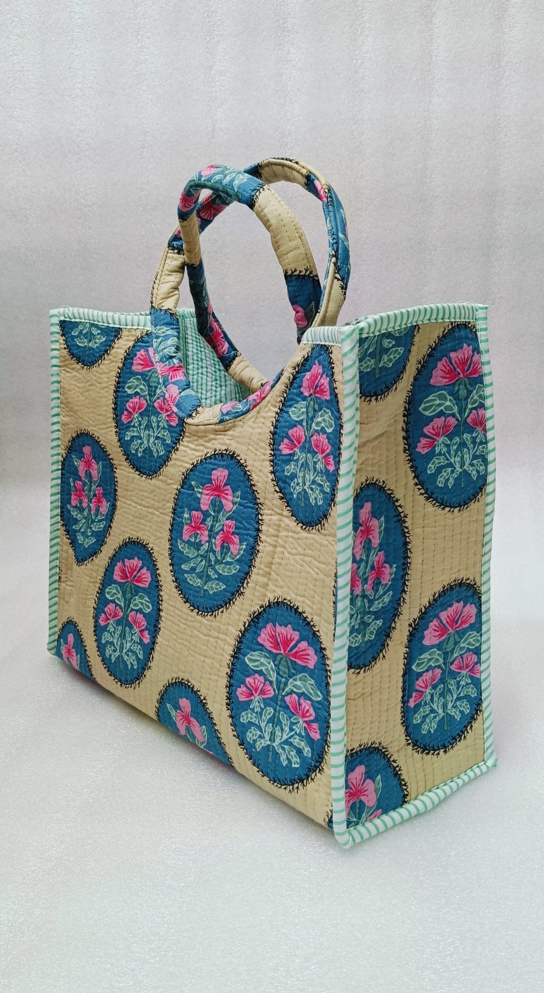 Handblock Printed Cotton Tote Bag with Unique Moon-Shaped Handle- 14x14x6 inches