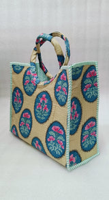 Handblock Printed Cotton Tote Bag with Unique Moon-Shaped Handle- 14x14x6 inches
