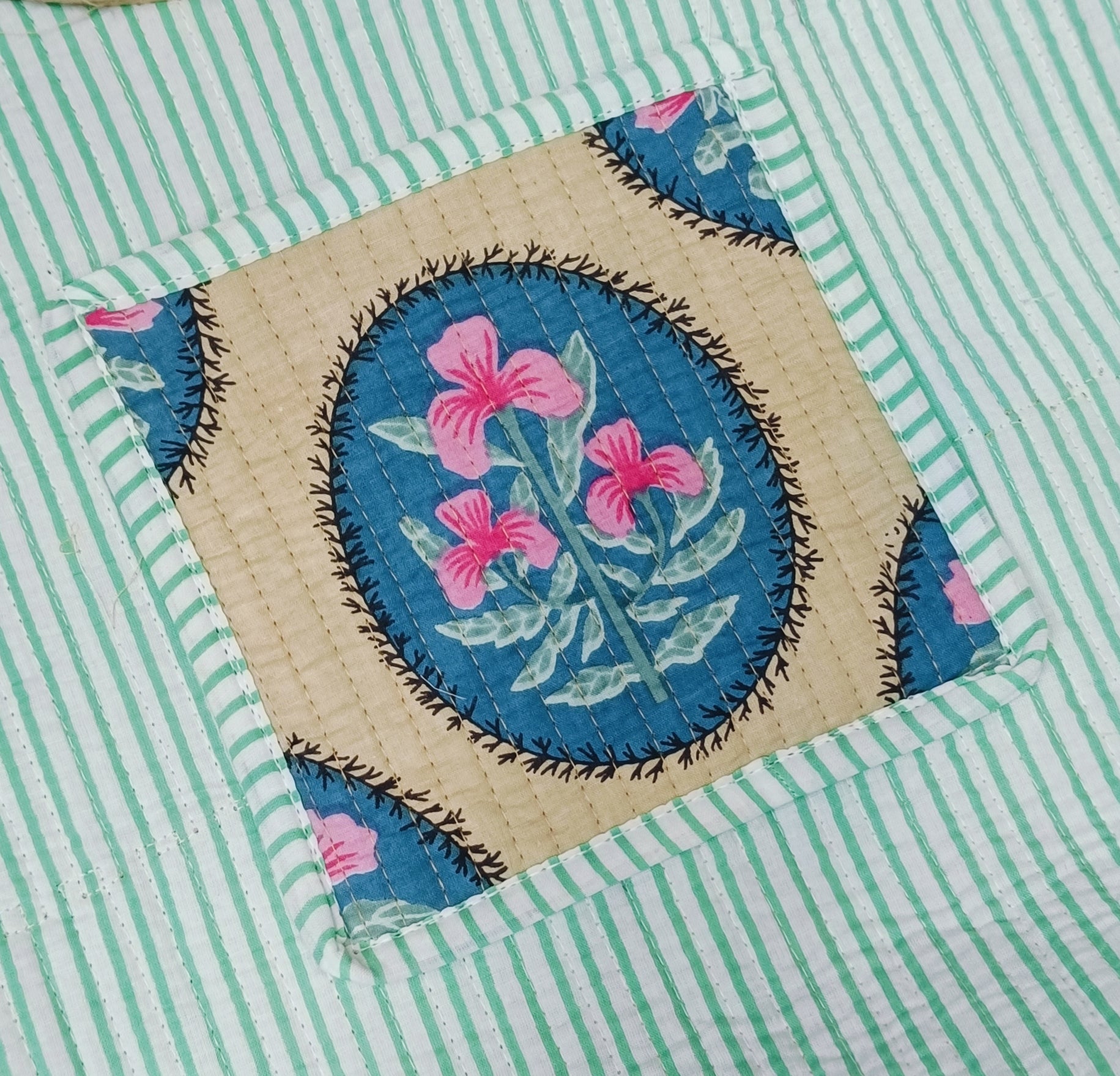 Handblock Printed Cotton Tote Bag with Unique Moon-Shaped Handle- 14x14x6 inches