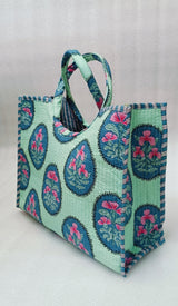 Handblock Printed Cotton Tote Bag with Unique Moon-Shaped Handle- 14x14x6 inches
