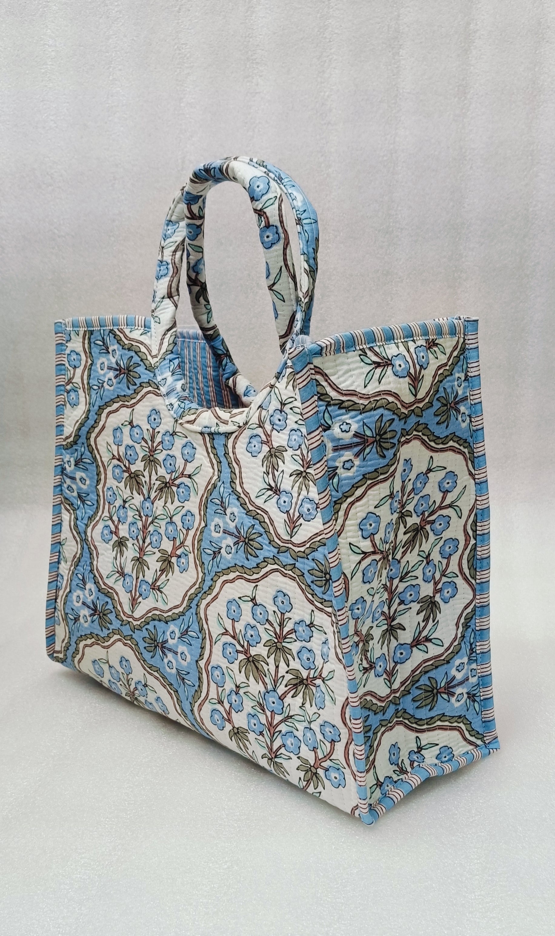 Handblock Printed Cotton Tote Bag with Unique Moon-Shaped Handle- 14x14x6 inches