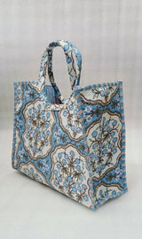 Handblock Printed Cotton Tote Bag with Unique Moon-Shaped Handle- 14x14x6 inches