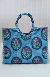 Handblock Printed Cotton Tote Bag with Unique Moon-Shaped Handle- 14x14x6 inches