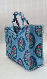 Handblock Printed Cotton Tote Bag with Unique Moon-Shaped Handle- 14x14x6 inches