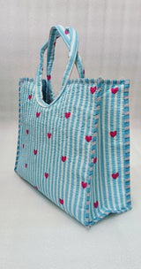 Handblock Printed Cotton Tote Bag with Unique Moon-Shaped Handle- 14x14x6 inches