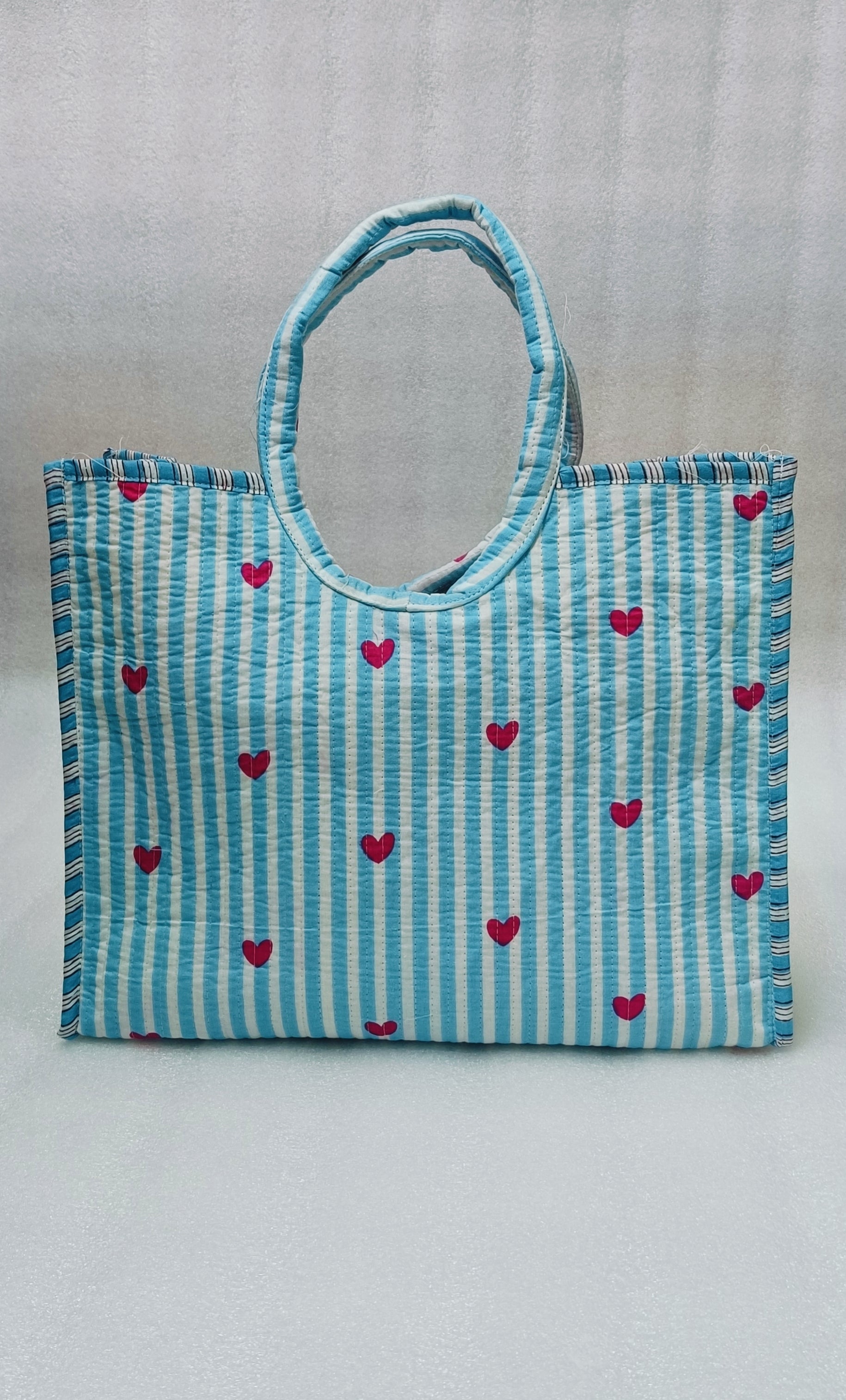 Handblock Printed Cotton Tote Bag with Unique Moon-Shaped Handle- 14x14x6 inches