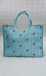 Handblock Printed Cotton Tote Bag with Unique Moon-Shaped Handle- 14x14x6 inches