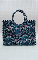 Handblock Printed Cotton Tote Bag with Unique Moon-Shaped Handle- 14x14x6 inches