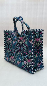 Handblock Printed Cotton Tote Bag with Unique Moon-Shaped Handle- 14x14x6 inches
