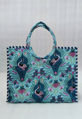 Handblock Printed Cotton Tote Bag with Unique Moon-Shaped Handle- 14x14x6 inches