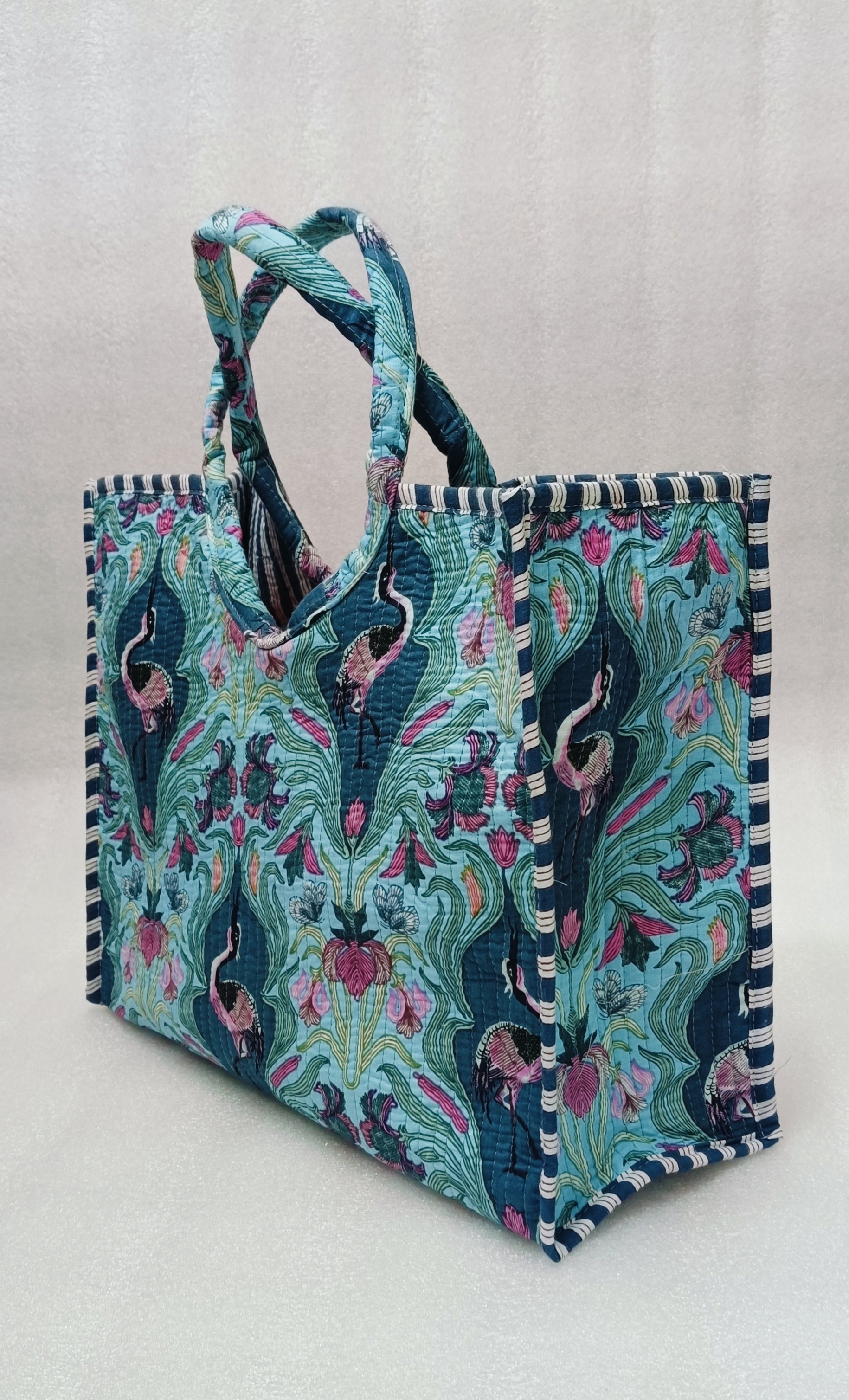 Handblock Printed Cotton Tote Bag with Unique Moon-Shaped Handle- 14x14x6 inches