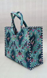 Handblock Printed Cotton Tote Bag with Unique Moon-Shaped Handle- 14x14x6 inches