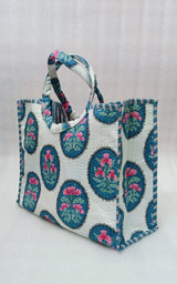 Handblock Printed Cotton Tote Bag with Unique Moon-Shaped Handle- 14x14x6 inches