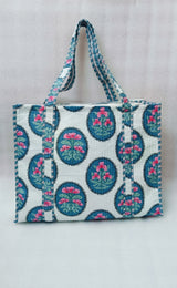 Handblock Printed Quilted Tote Bag without zip/button 17x18x 6 inches