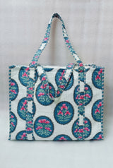 Handblock Printed Quilted Tote Bag without zip/button 17x18x 6 inches