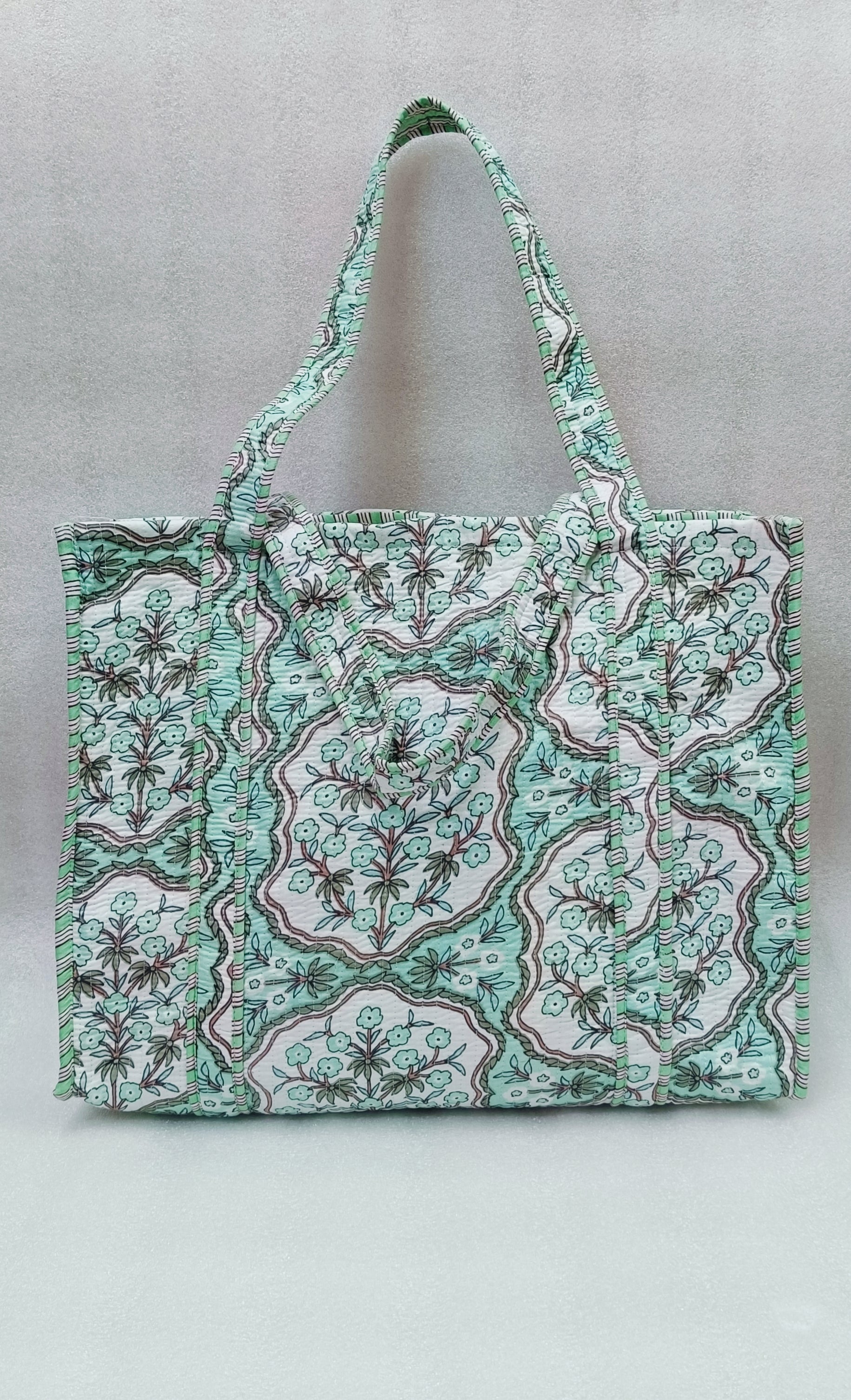 Handblock Printed Quilted Tote Bag without zip/button 17x18x 6 inches