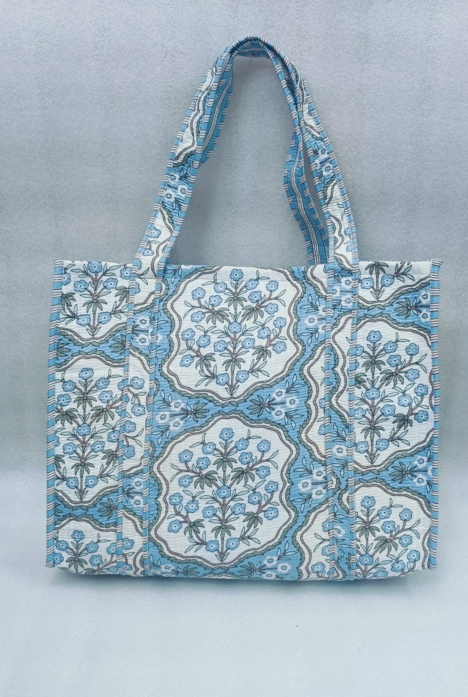 Handblock Printed Quilted Tote Bag without zip/button 17x18x 6 inches