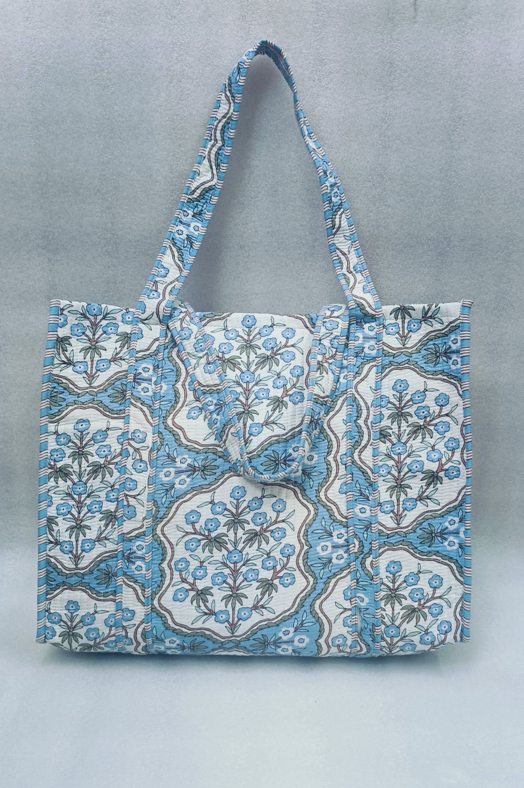 Handblock Printed Quilted Tote Bag without zip/button 17x18x 6 inches