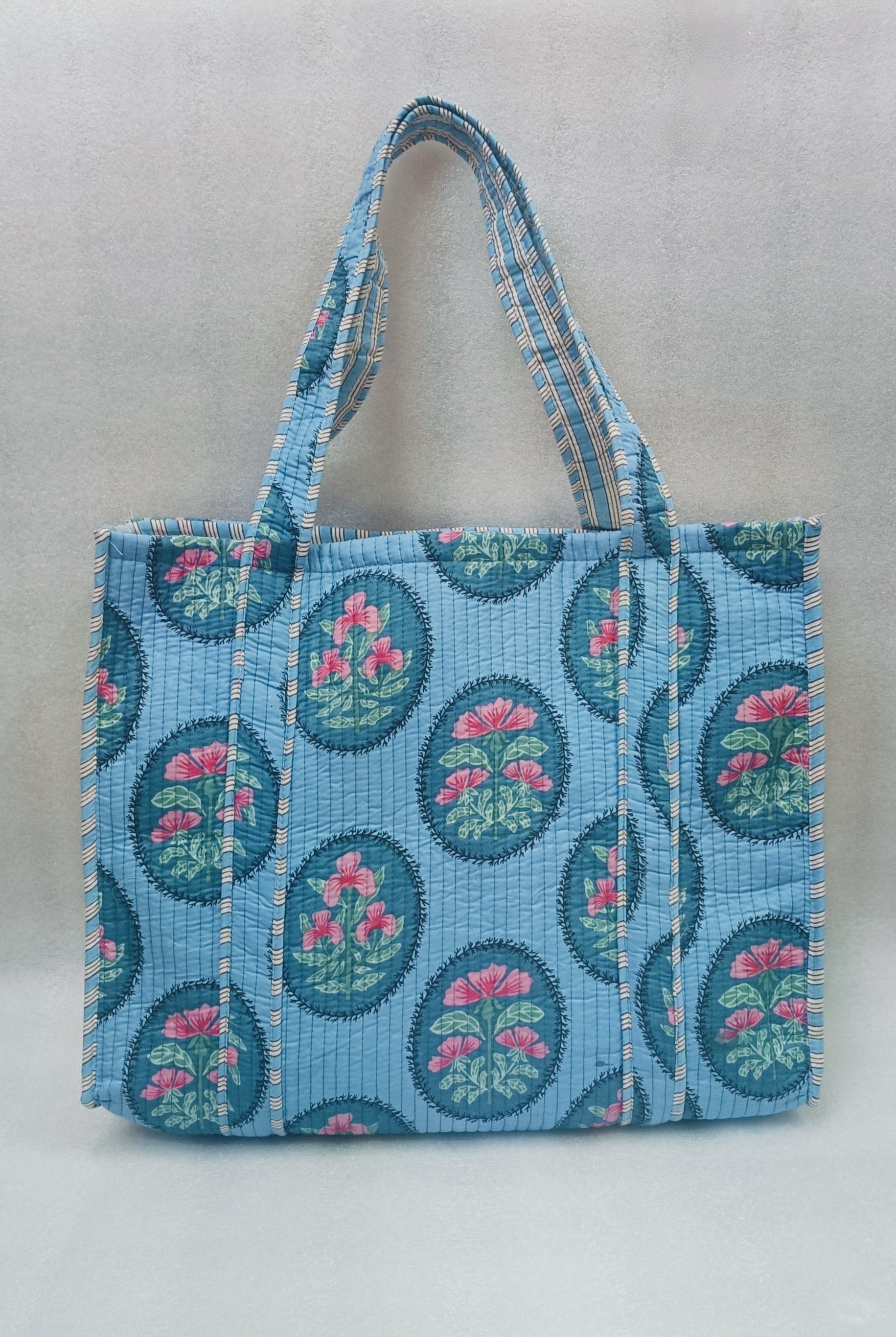 Handblock Printed Quilted Tote Bag without zip/button 17x18x 6 inches