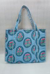 Handblock Printed Quilted Tote Bag without zip/button 17x18x 6 inches