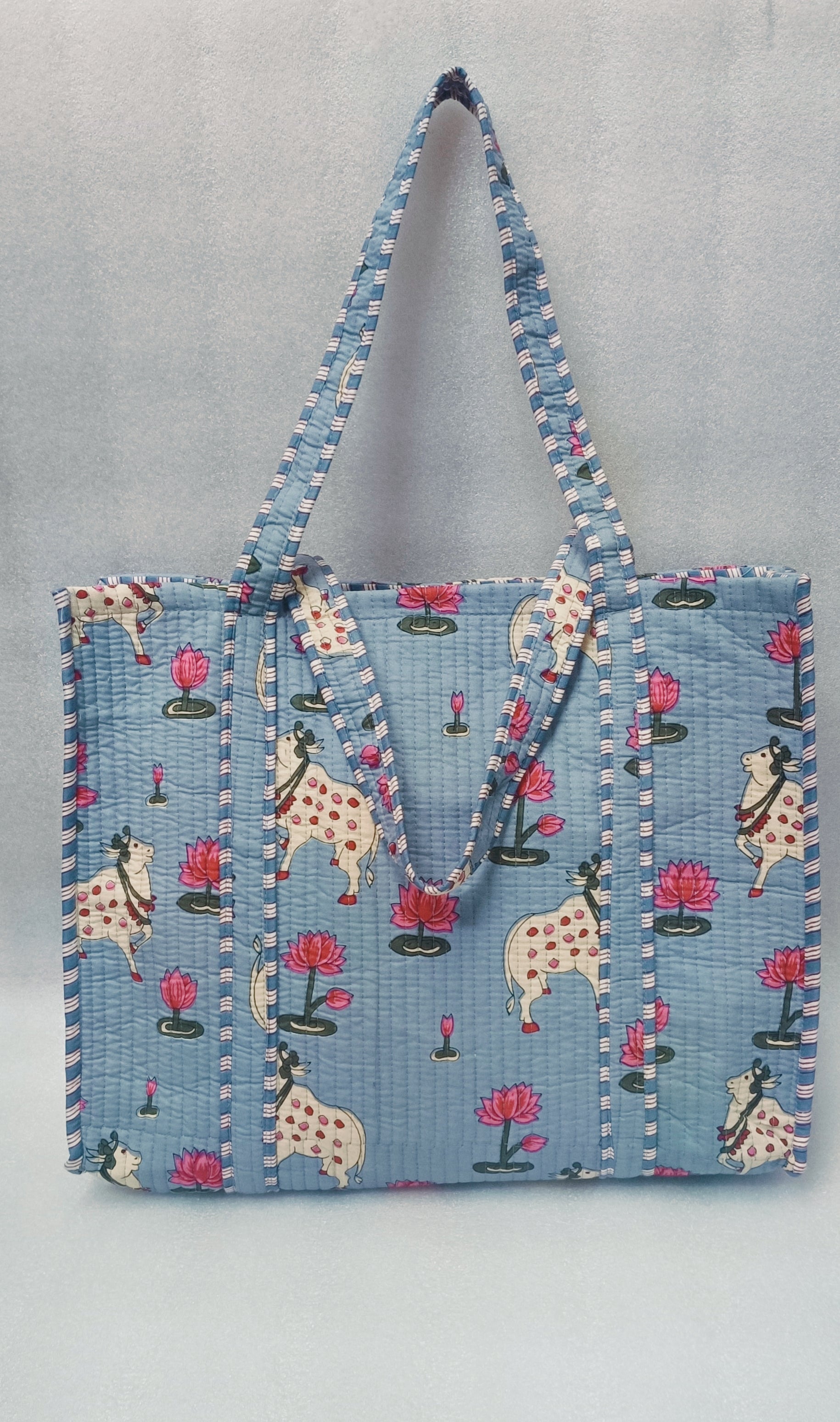Handblock Printed Quilted Tote Bag without zip/button 17x18x 6 inches