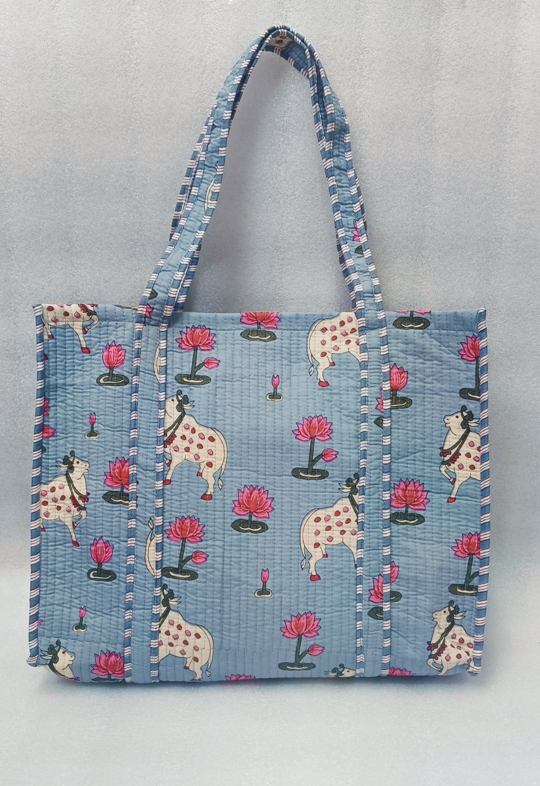 Handblock Printed Quilted Tote Bag without zip/button 17x18x 6 inches