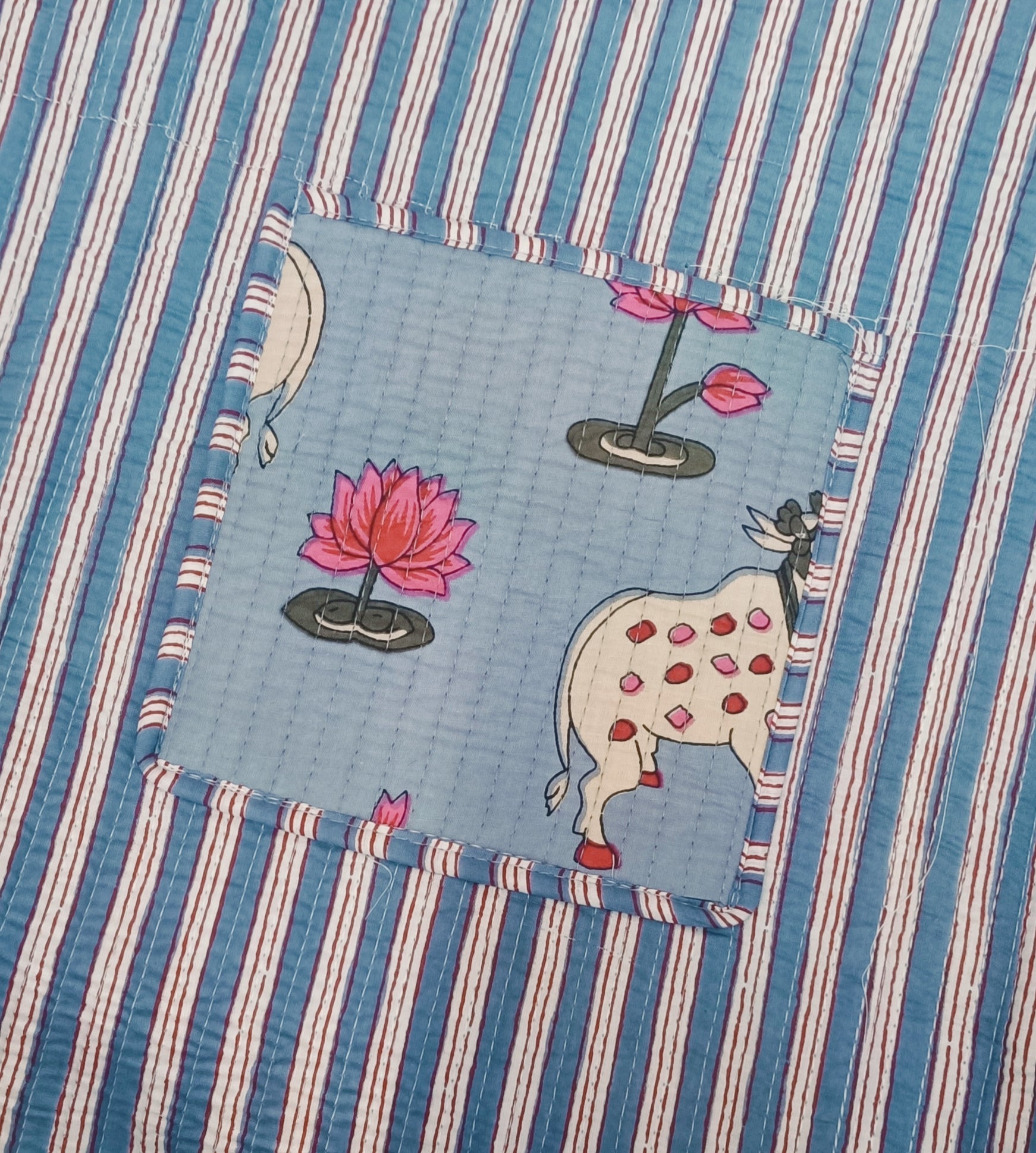 Handblock Printed Quilted Tote Bag without zip/button 17x18x 6 inches