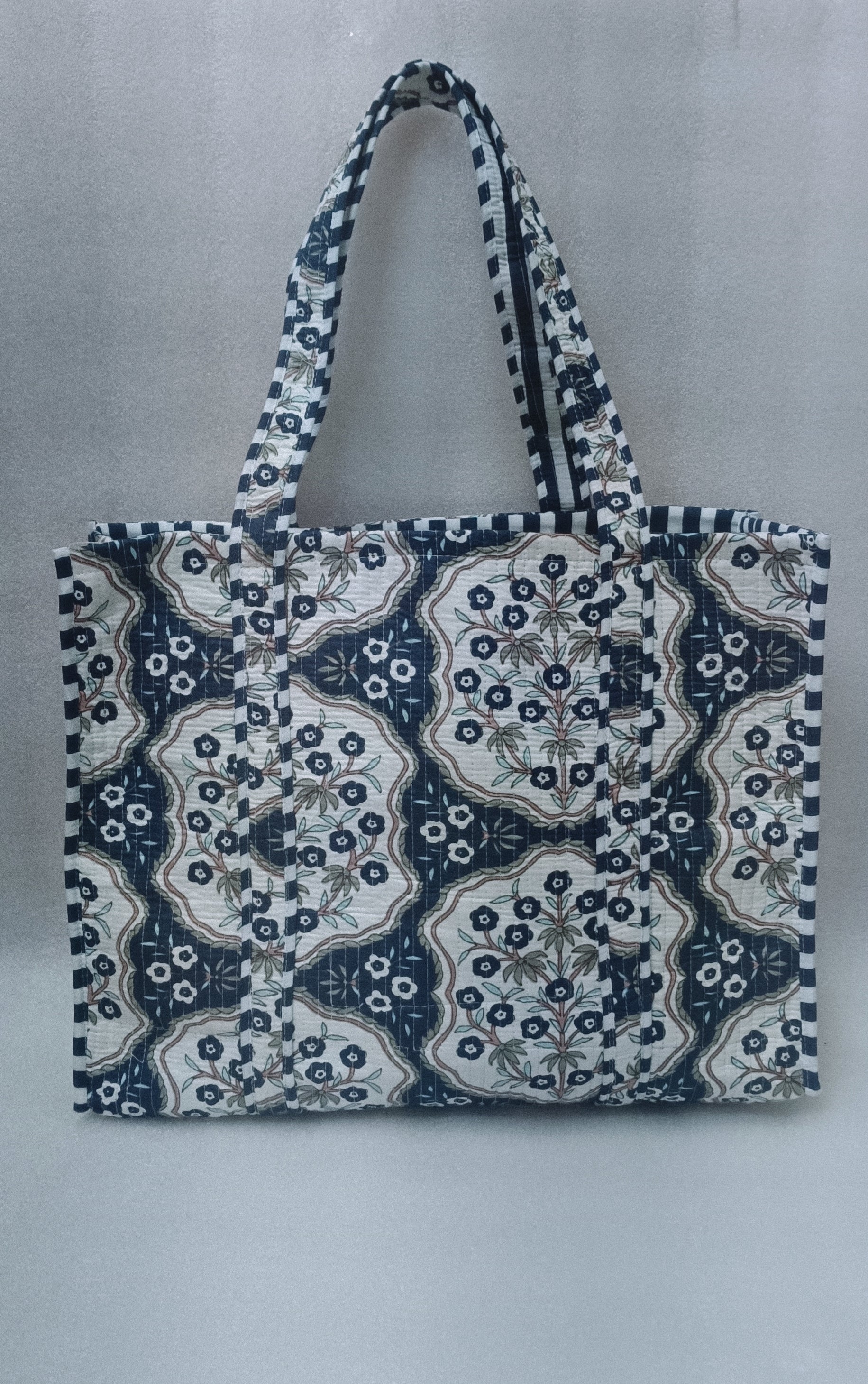 Handblock Printed Quilted Tote Bag without zip/button 17x18x 6 inches