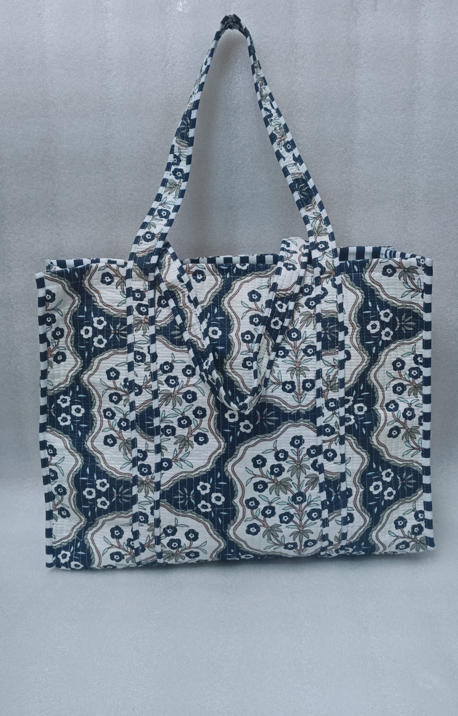 Handblock Printed Quilted Tote Bag without zip/button 17x18x 6 inches