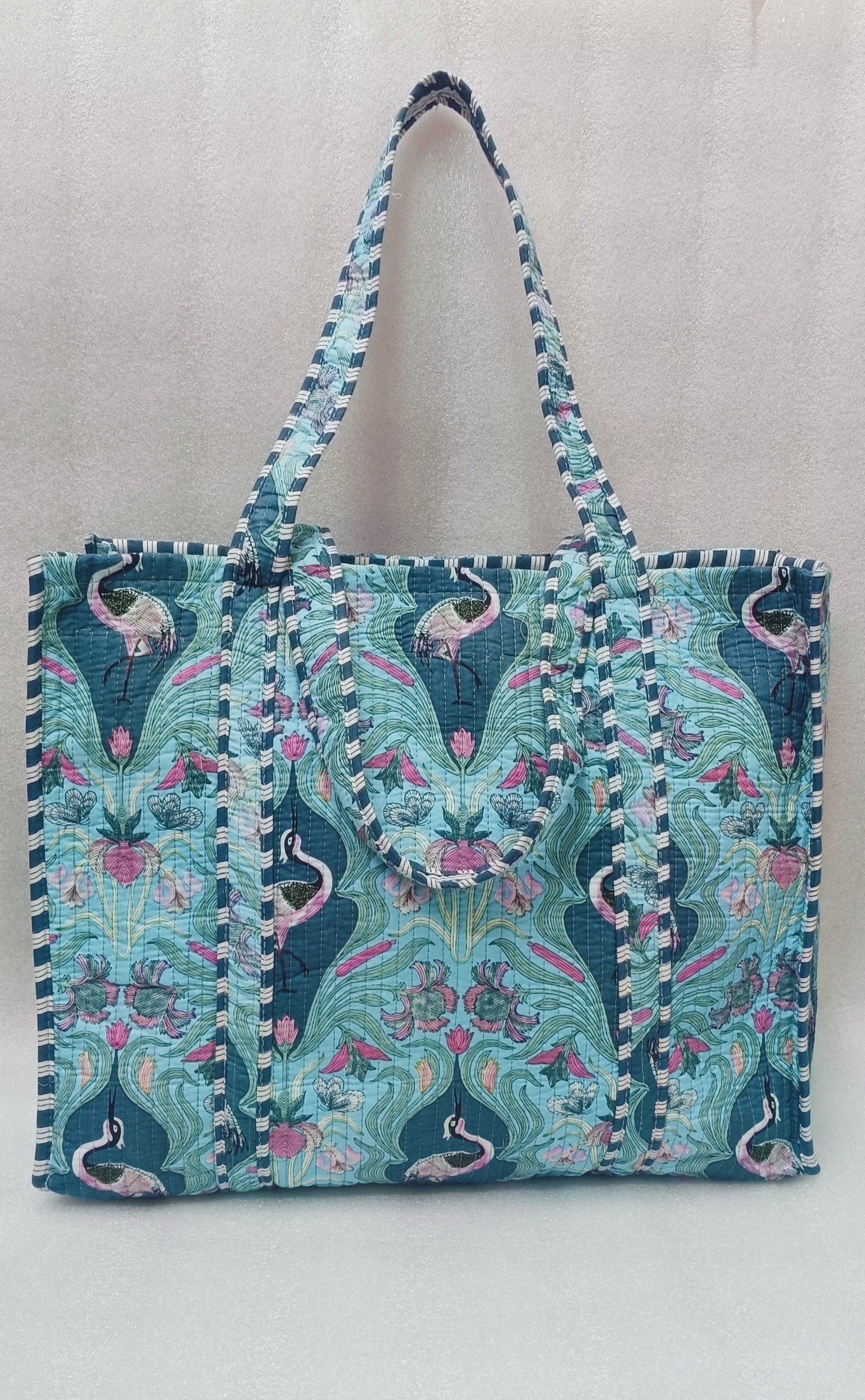 Handblock Printed Quilted Tote Bag without zip/button 17x18x 6 inches
