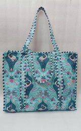 Handblock Printed Quilted Tote Bag without zip/button 17x18x 6 inches