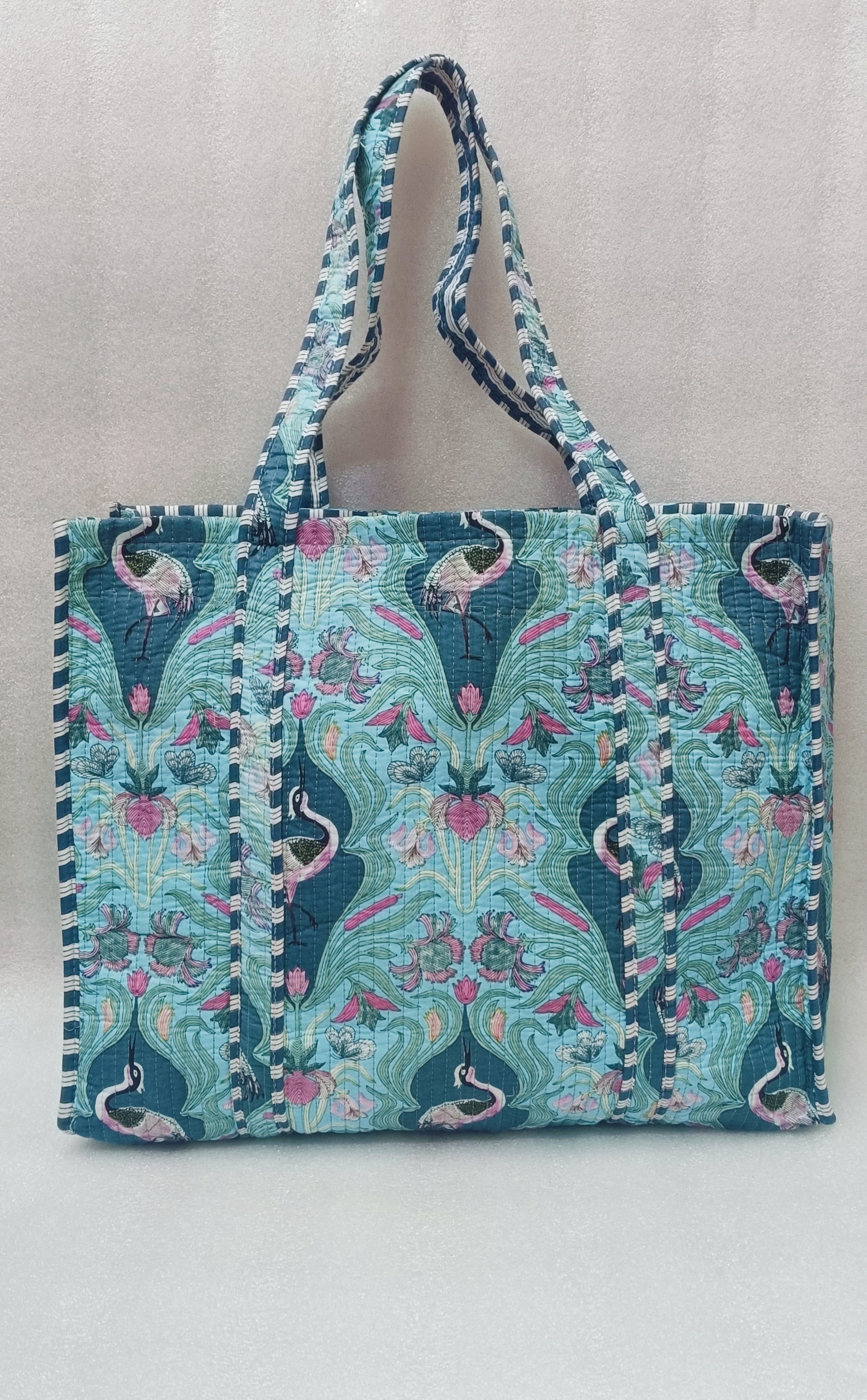 Handblock Printed Quilted Tote Bag without zip/button 17x18x 6 inches