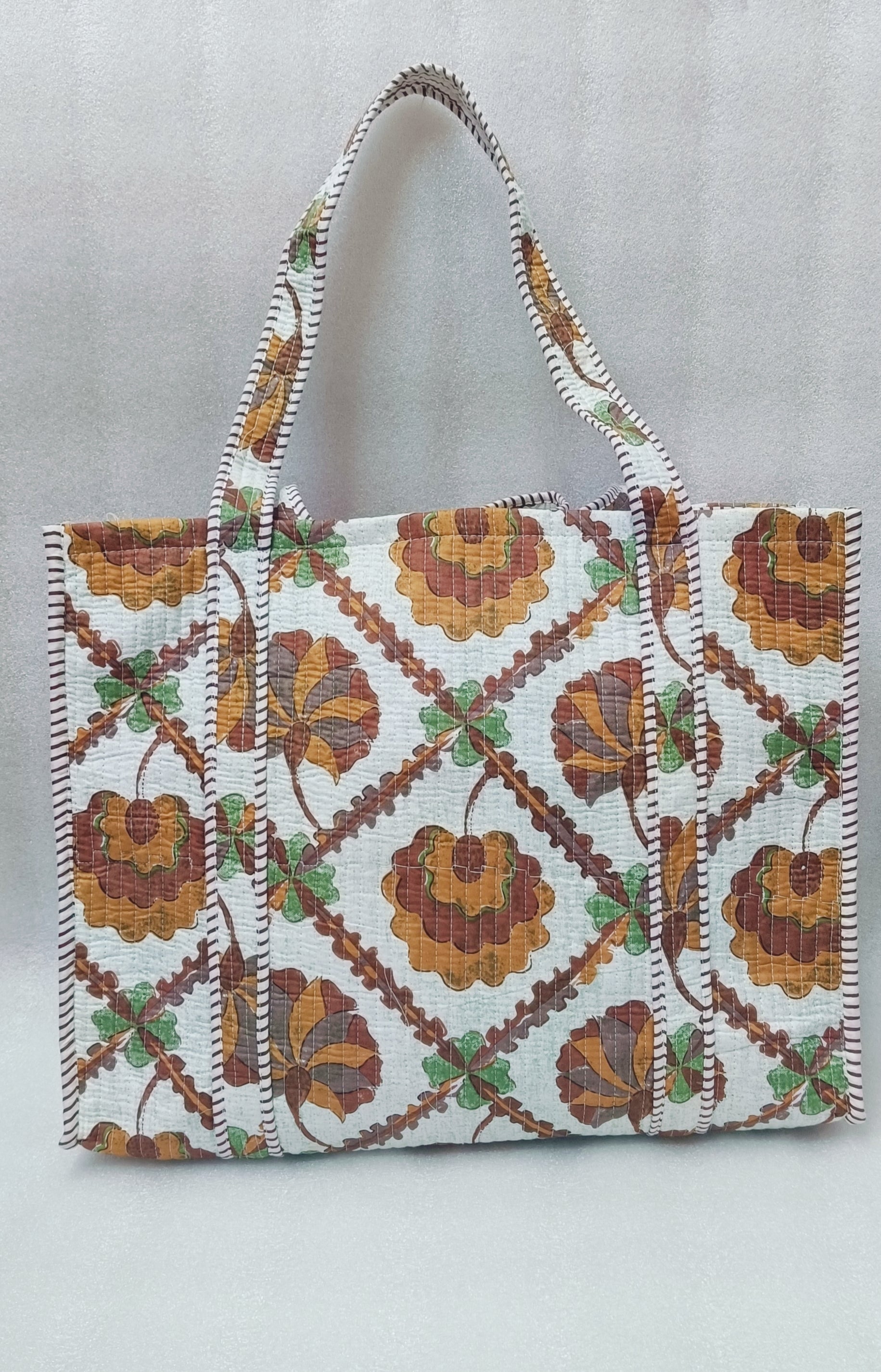 Handblock Printed Quilted Tote Bag without zip/button 17x18x 6 inches