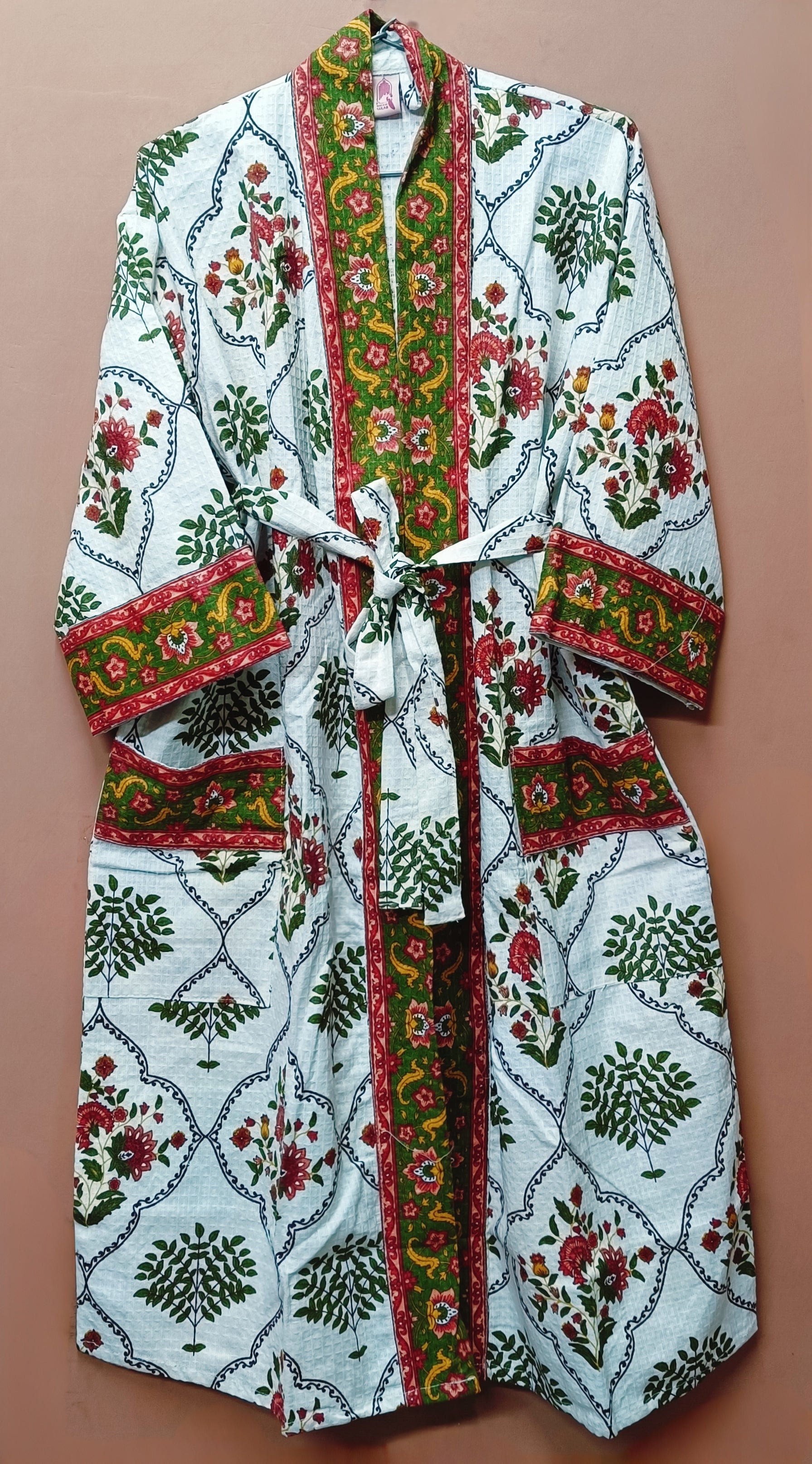 Waffle Cotton Handblock Printed Unisex Bathrobe - Free Size