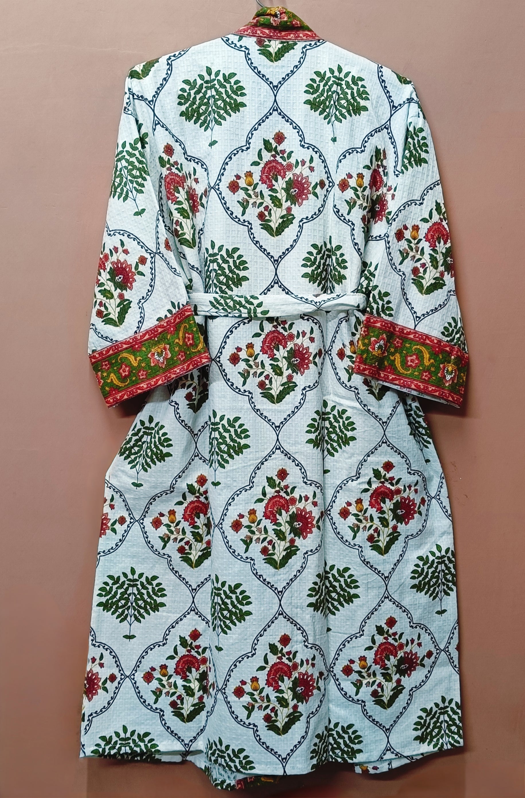Waffle Cotton Handblock Printed Unisex Bathrobe - Free Size