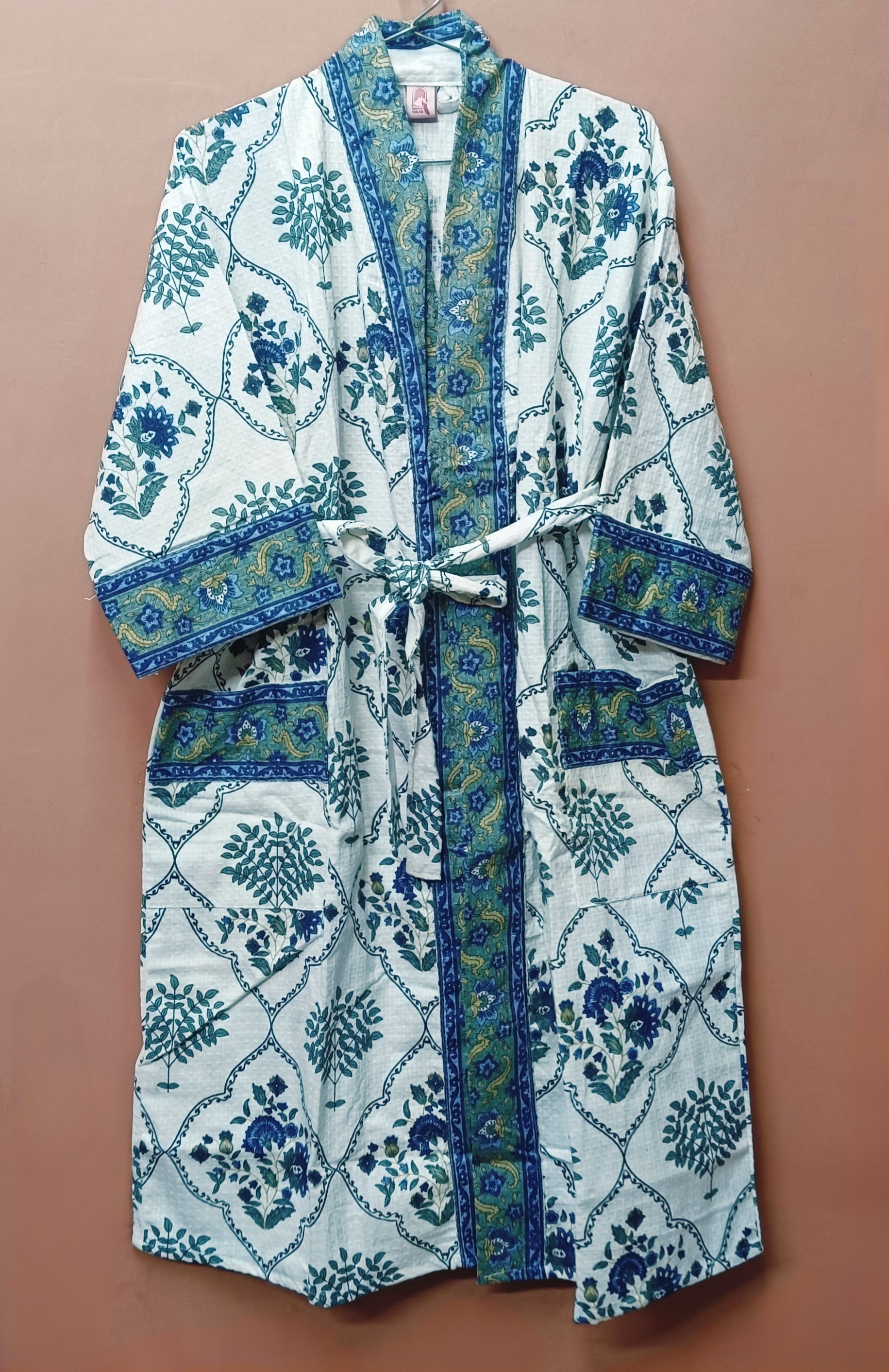 Waffle Cotton Handblock Printed Unisex Bathrobe - Free Size