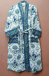 Waffle Cotton Handblock Printed Unisex Bathrobe - Free Size