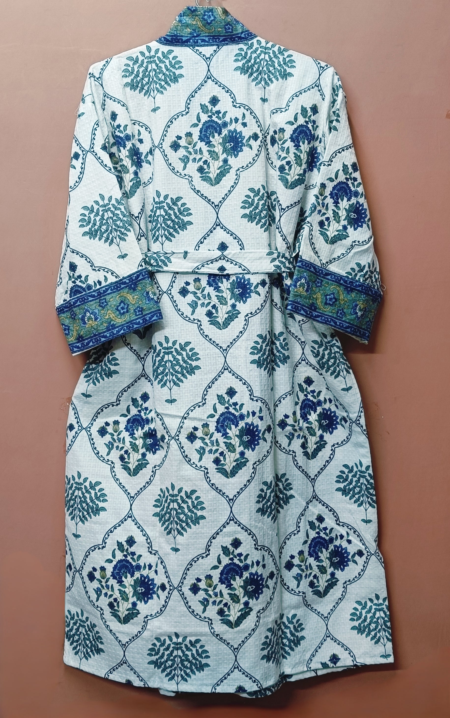 Waffle Cotton Handblock Printed Unisex Bathrobe - Free Size