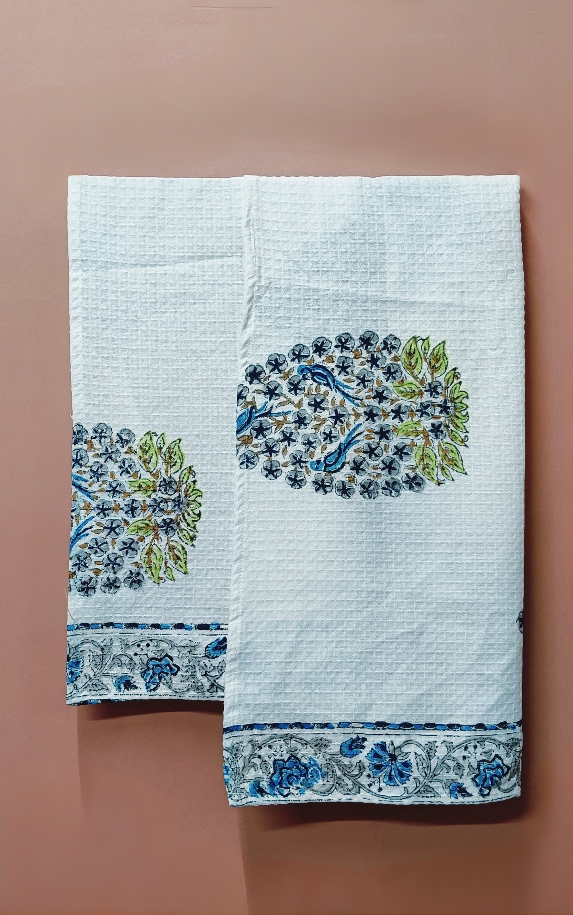 Hand Block Printed Honey Comb Cotton Hand Towel- Set of 2