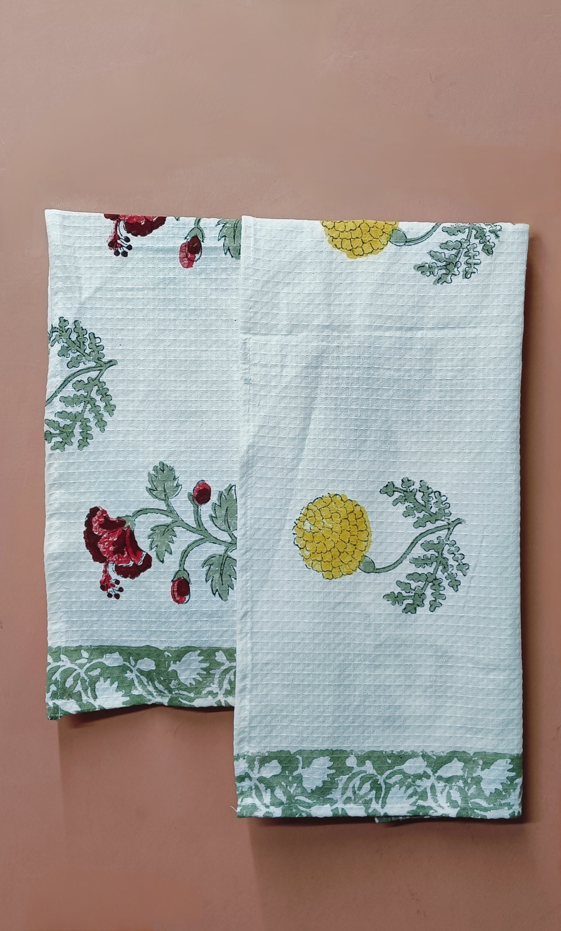 Hand Block Printed Honey Comb Cotton Hand Towel- Set of 2