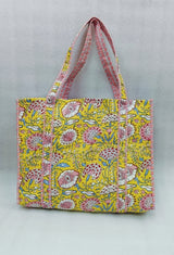 Handblock Printed Quilted Tote Bag without zip/button 17x18x 6 inches