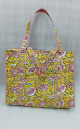 Handblock Printed Quilted Tote Bag without zip/button 17x18x 6 inches