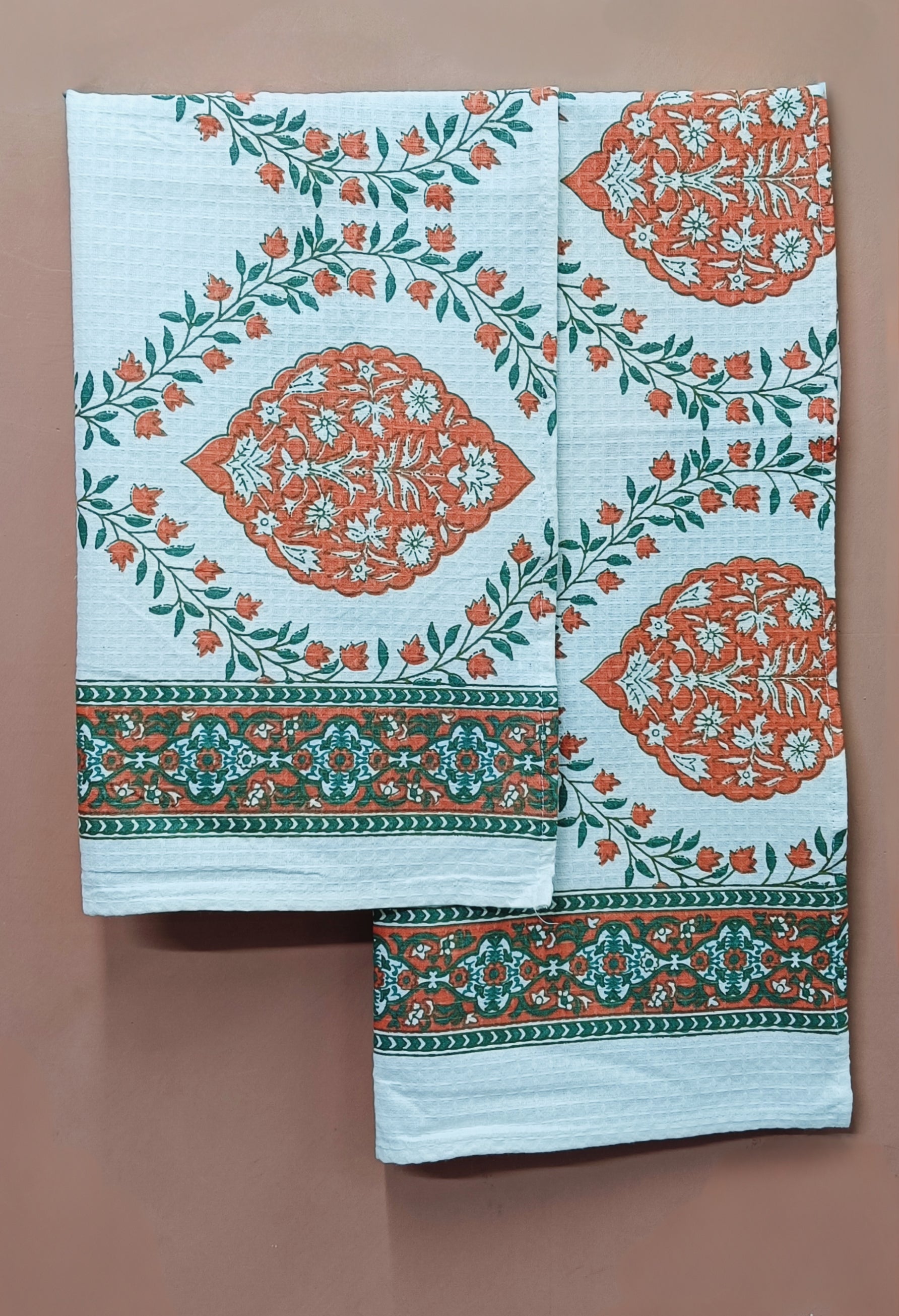 Hand Block Printed Honey Comb Cotton Hand Towel- Set of 2